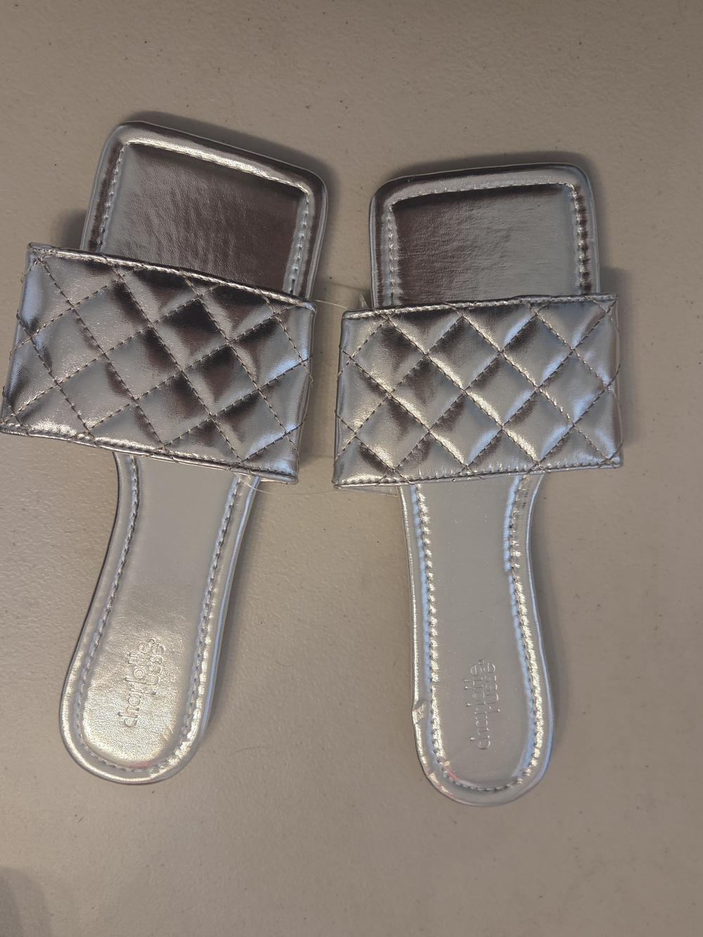 Charlotte Russe Metallic Silver Quilted Slides Vintage Sandals Flip Flops Size 9